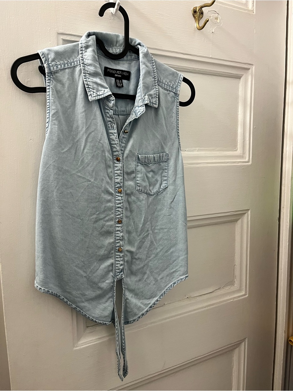 Forever New Light Blue Denim Sleeveless Button-Down Tie Front Top